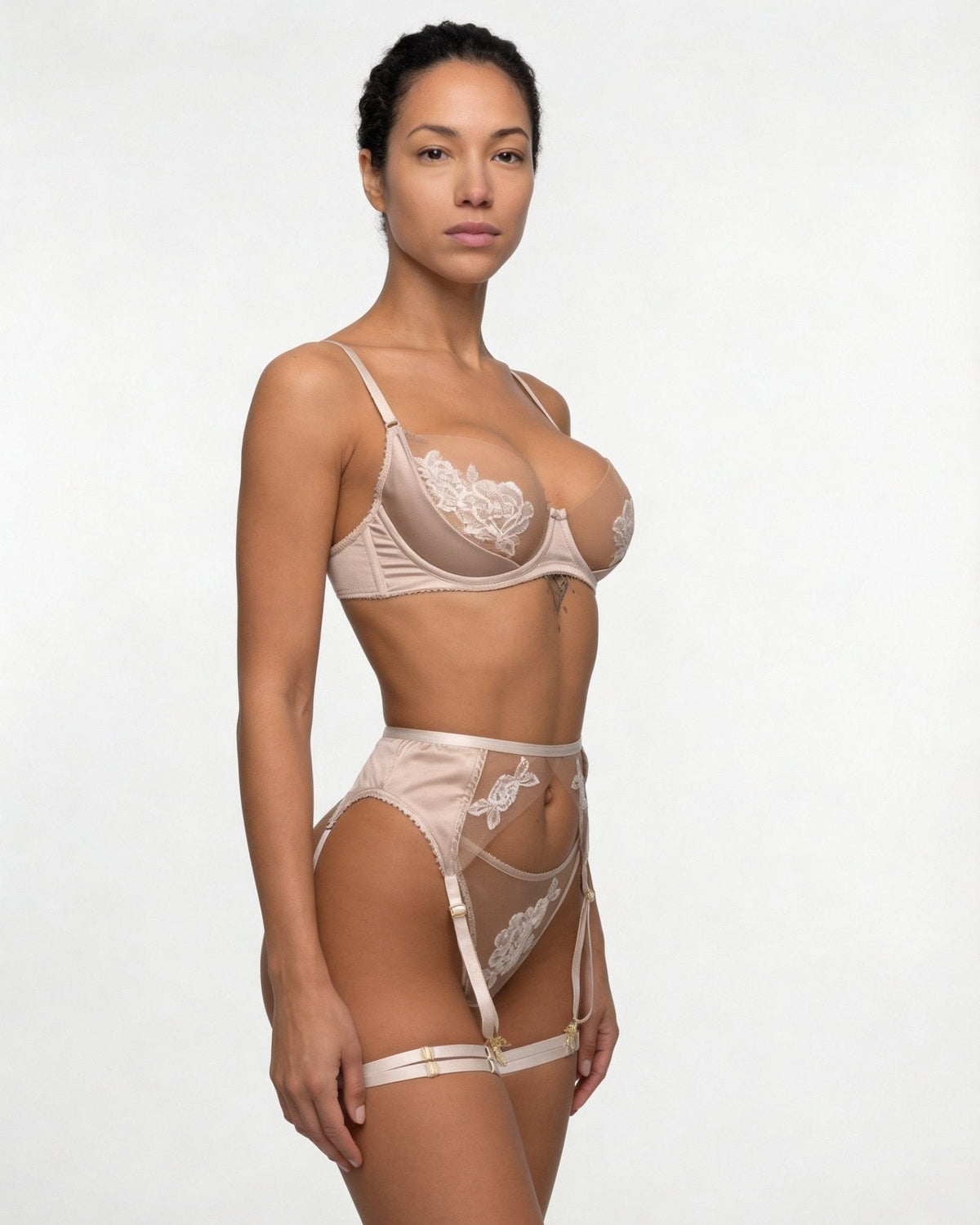 Satin Embroidered Four Piece Lingerie Set