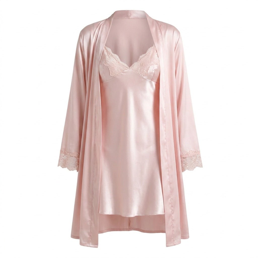 Satin Lace Trim Chemise and Robe Set