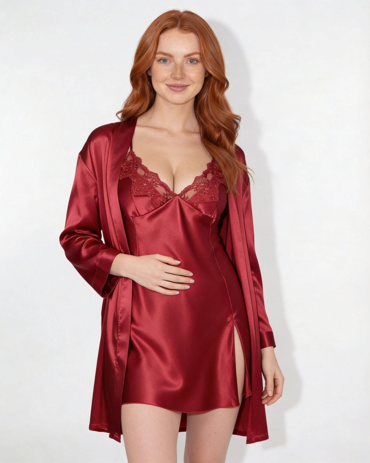 Satin Lace Trim Chemise and Robe Set