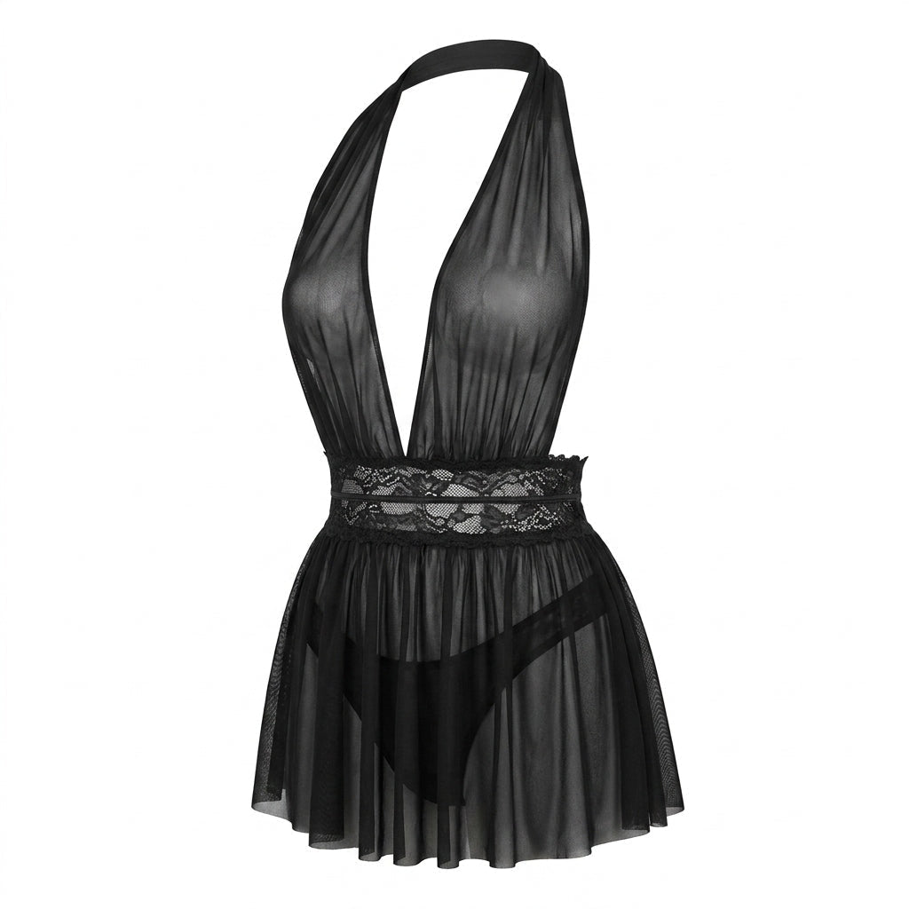 Sheer Mesh Halter Babydoll With Lace Waistband