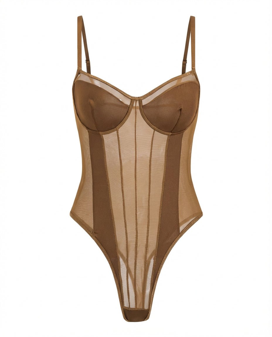Sheer Mesh Seamed Underwire Bodysuit