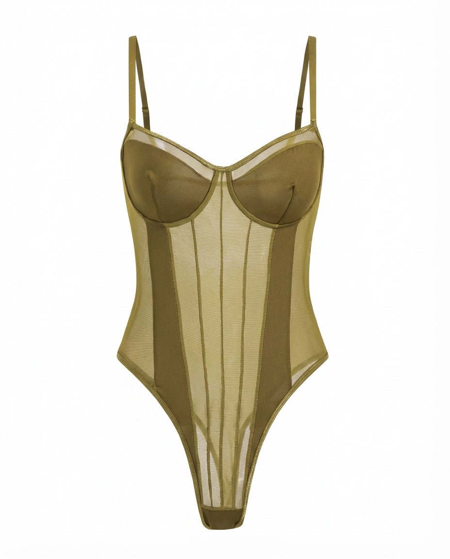 Sheer Mesh Seamed Underwire Bodysuit