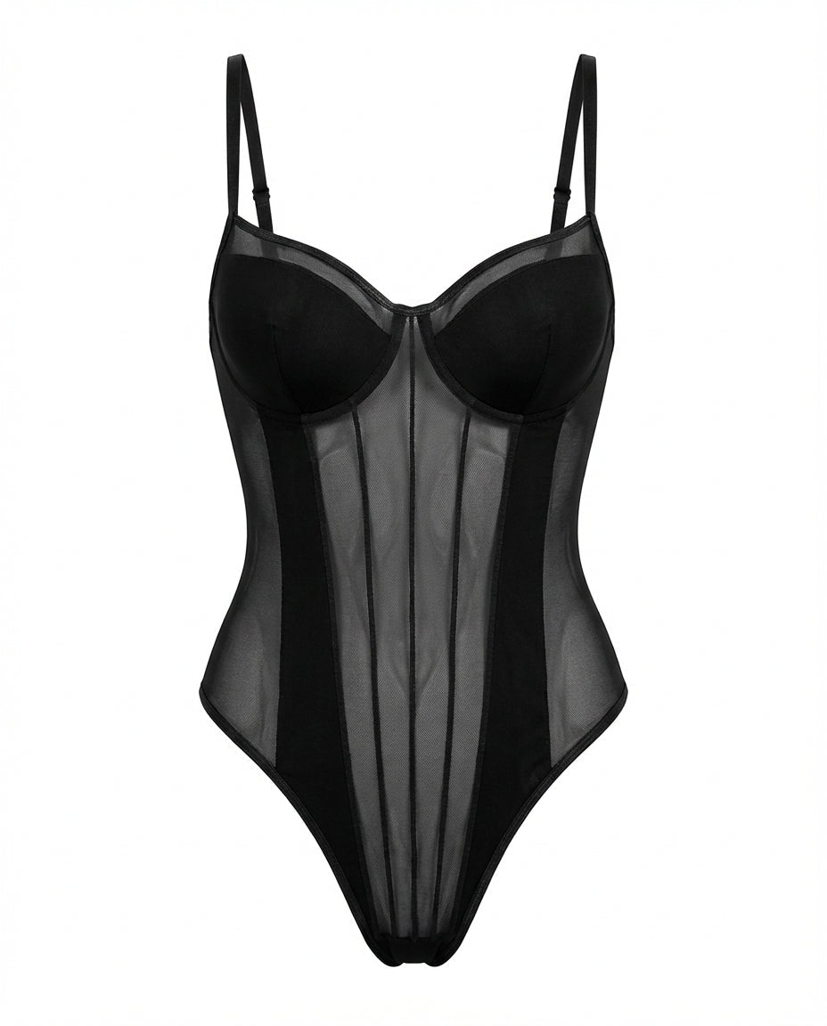 Sheer Mesh Seamed Underwire Bodysuit