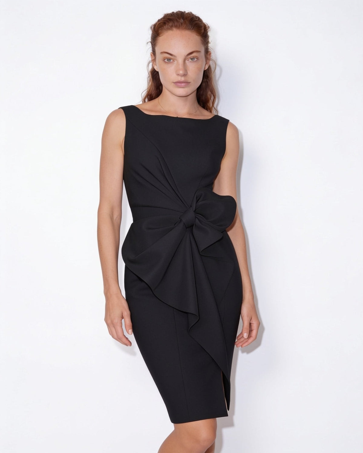 Side Bow Bateau-Neck Midi Dress