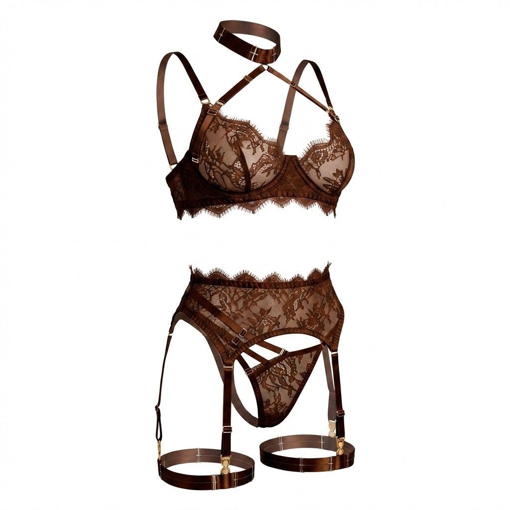 Strappy Collar Lace Bra Garter Belt And Thong Set