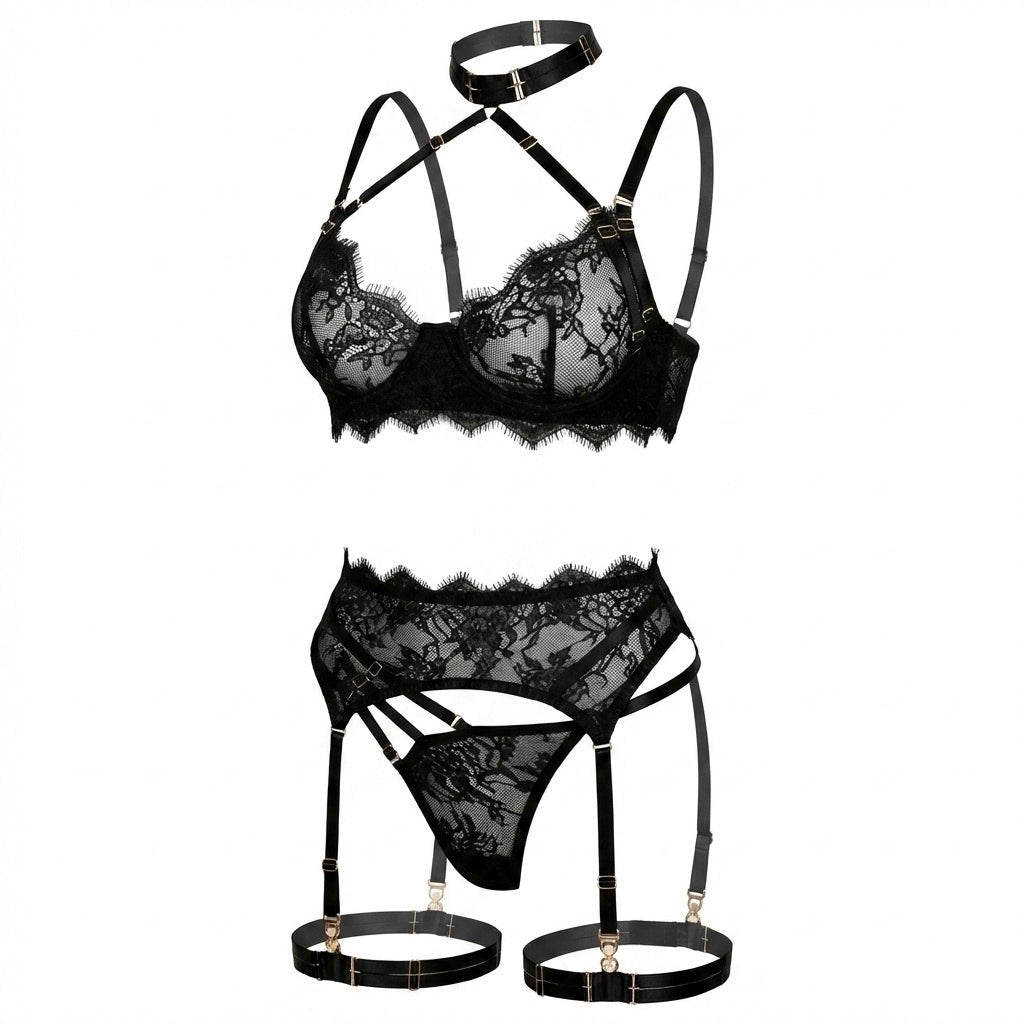Strappy Collar Lace Bra Garter Belt And Thong Set