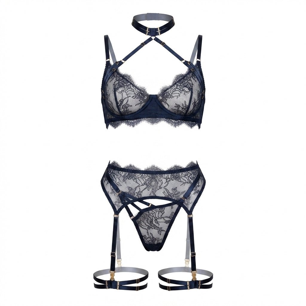 Strappy Collar Lace Bra Garter Belt And Thong Set