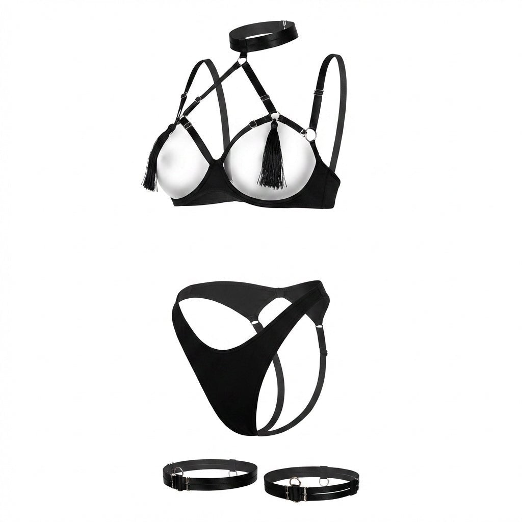 Strappy Open Cup Tassel Lingerie Set