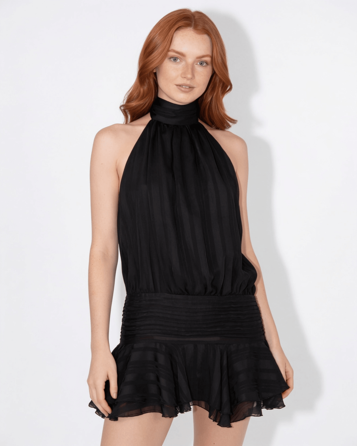 Striped Halterneck Ruffle Mini Dress