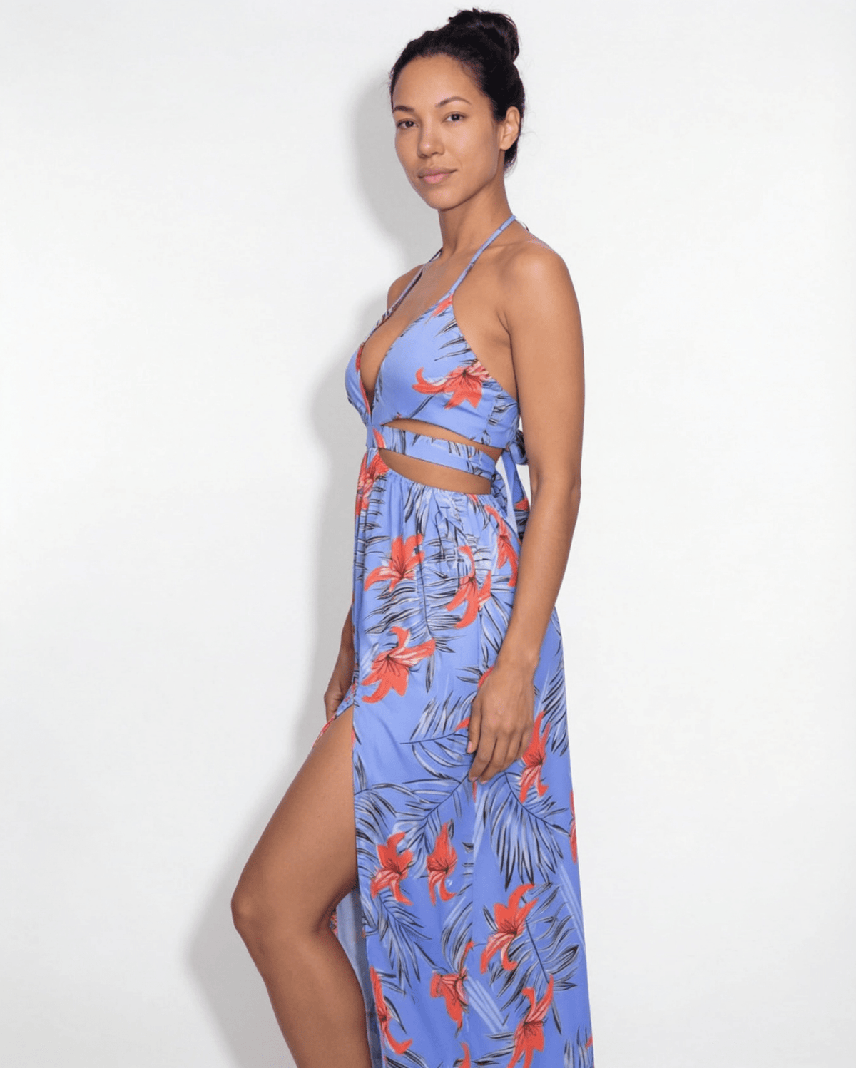 Tropical-Print Halter Plunge Maxi Dress
