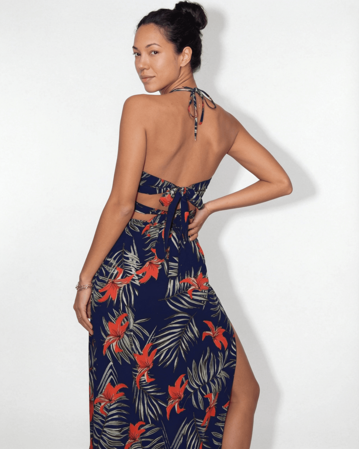 Tropical-Print Halter Plunge Maxi Dress