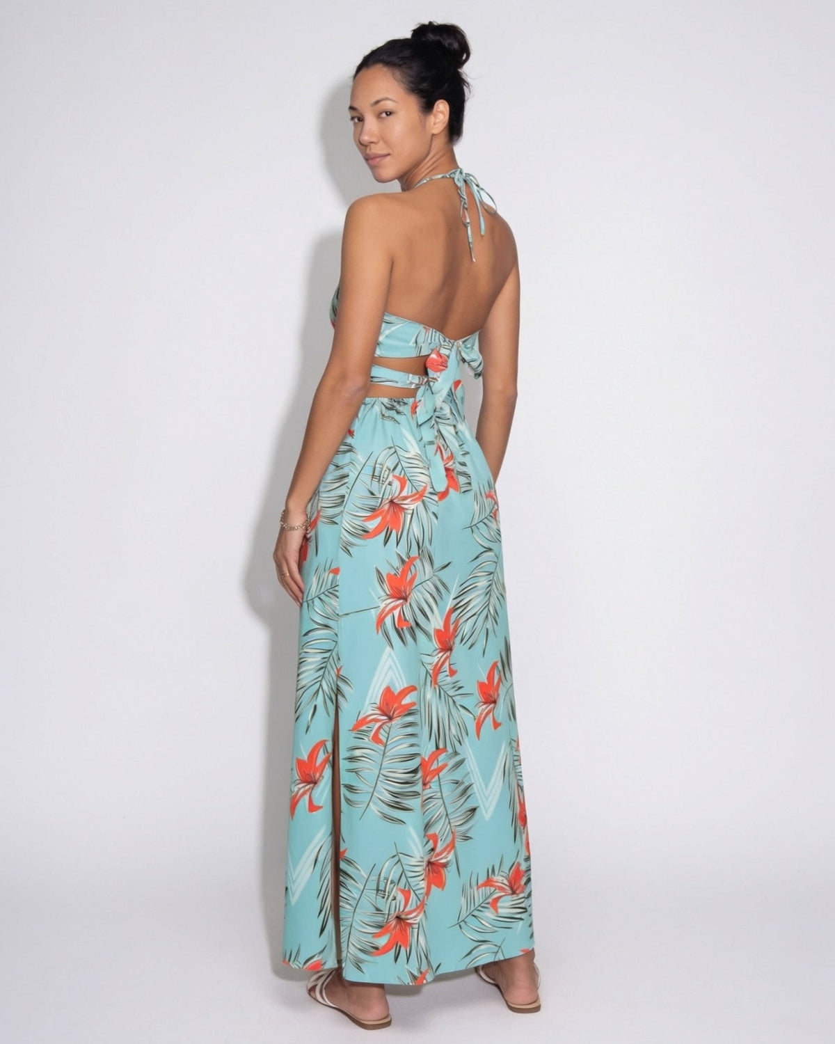 Tropical-Print Halter Plunge Maxi Dress