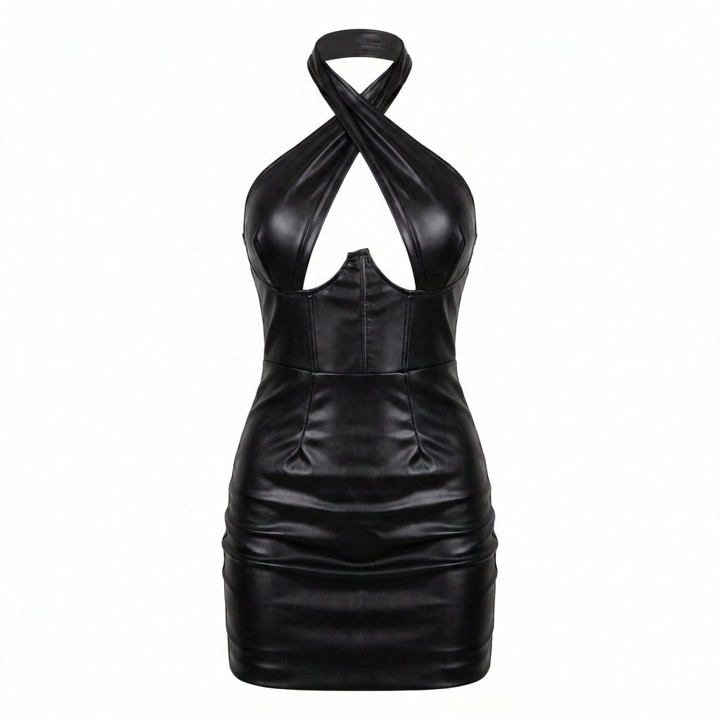 Wet-Look Halter Bodycon Mini Dress